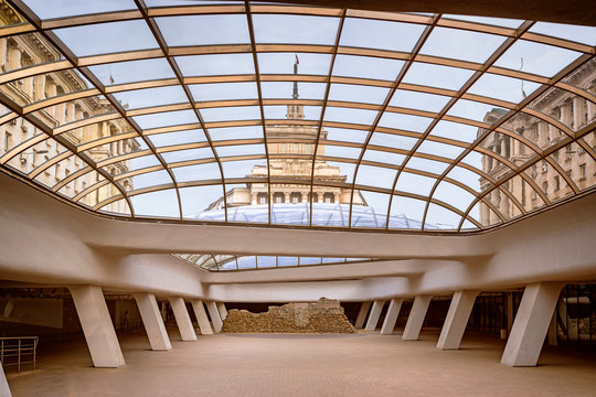 SOFIA, BULGARIA - 27 Aug 2018 : Entrance to the underground station Serdika, a modern building with a glass ceiling preserving the historical ruins of the ancient Roman city