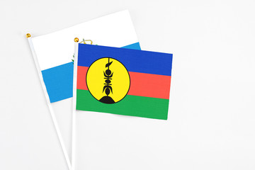 New Caledonia and San Marino stick flags on white background. High quality fabric, miniature national flag. Peaceful global concept.White floor for copy space.