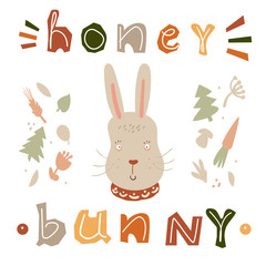 Cute rabbit. Fun kids card with hare animal and with phrase - honey banny