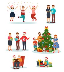 Christmas vector people in santa hats celebrating merry xmas, family decorate new year tree together. Illustration set of smiling man, woman, kids characters with gifts isolated on white background