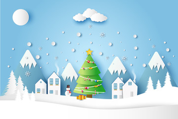 Beautiful Merry Christmas winter landscape with houses and christmas trees. Paper art vector illustration style.