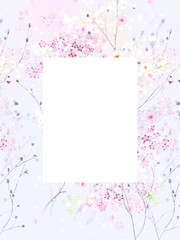 Background with tiny white and pink flowers, blurred, selective focus.Square composition used.