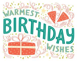 Happy Birthday hand lettering message suitable for greeting card, print, web, birthday celebration banner