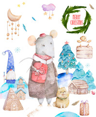 Cute watercolor cartoon set rats and spruce tree. Watercolor hand drawn animals illustration. New Year 2020 holiday drawing illustration. Symbol 2020 Merry Christmas gift card. Greeting postcard