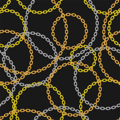 Vector navy luxurious baroque golden and silver chains seamless background. Fashionable apparel print for tee shirts, blouses, scarves, accessories. Decorative jewelry retro theme black pattern design