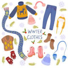 Winter clothes isolated on white background. Vector graphics.