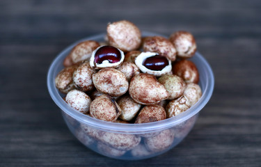 Bambara groundnut or Vigna subterranea (Kacang Bogor) on wood background.