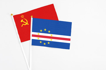 Cape Verde and Soviet Union stick flags on white background. High quality fabric, miniature national flag. Peaceful global concept.White floor for copy space.