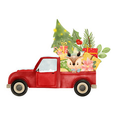 watercolor red car with gifts, christmas car, christmas gifts, watercolor illustration