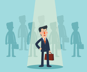 Super Business man standing in spotlight. Cartoon superhero standing with cape waving in the wind. Successful hero businessman. Success, leadership and victory in business vector concept