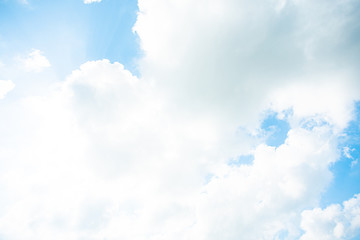 blue sky and white clouds. Freshness of the new day. Bright blue background. Relaxing feeling like being in the sky.