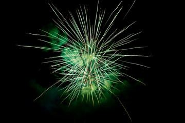 Two Green Sparkling Fireworks Background on Night Scene