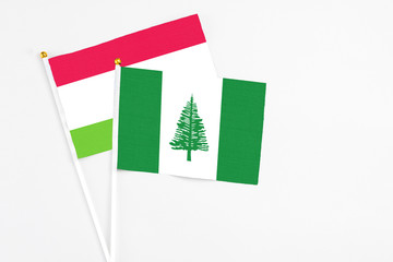 Norfolk Island and Tajikistan stick flags on white background. High quality fabric, miniature national flag. Peaceful global concept.White floor for copy space.
