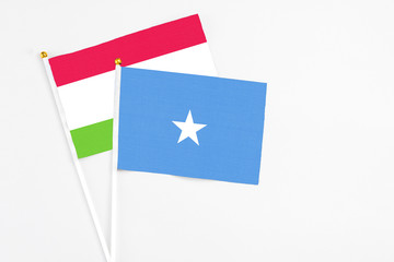 Somalia and Tajikistan stick flags on white background. High quality fabric, miniature national flag. Peaceful global concept.White floor for copy space.