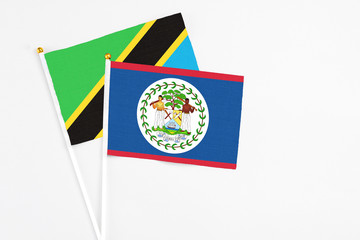 Belize and Tanzania stick flags on white background. High quality fabric, miniature national flag. Peaceful global concept.White floor for copy space.