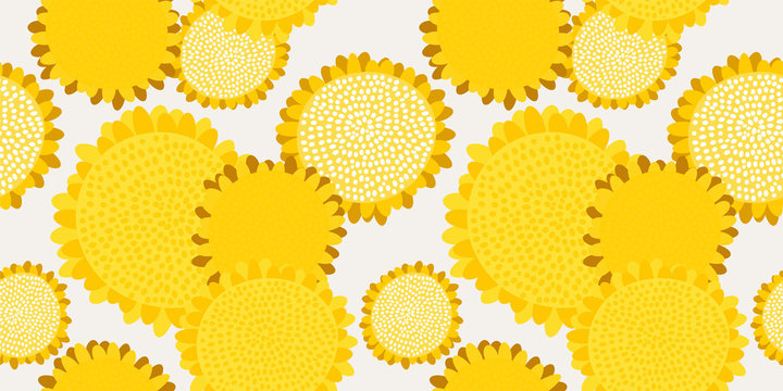 Seamless floral pattern with bright yellow sunflower flowers. Abstract bright print. Creative plant Wallpaper. Original desian. Hand drawn vector illustration.