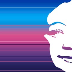 Face front view. Elegant silhouette of a female head in contrast backlight. Portrait of a happy smiled woman. Gradient paint horizontal lines