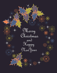 merry Christmas. Holly leaves and snowflakes. Christmas vector greeting