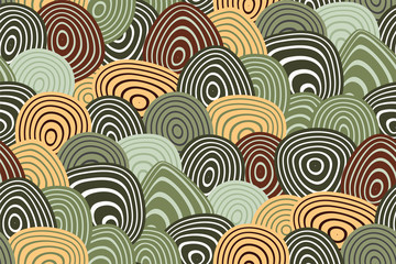Fototapeta na wymiar Creative seamless pattern with abstract geometric shapes. Optical illusion print. Radially striped circles-ovals. Endless stylish texture in brown, green, white colors. Vector.