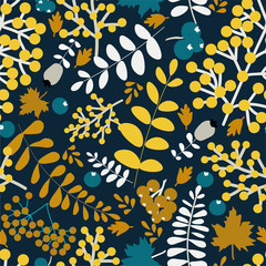 Naklejka na ściany i meble Colorful autumn bright seamless pattern with yellow and white leaves, Rowan berries on dark blue background. Hand vector illustration. Perfect for magazine covers, creating fabrics.