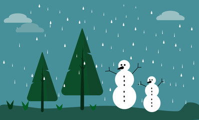 Vector illustration christmas tree and snowman outdoor.In the snow is falling.