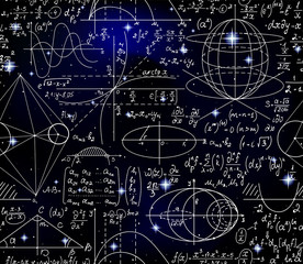Vector scientific seamless backround with handwritten mathematical formulas, figures, calculations