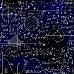 Math endless scientific seamless background with handwritten scientific formulas, figures and calculations over space stars