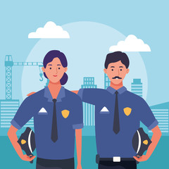 cartoon police man and woman over urban city buildings background
