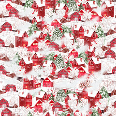 Bright watercolor christmas seamless pattern with funny winter village. 