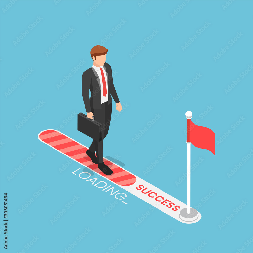Poster isometric businessman walking on progress loading bar with flag target