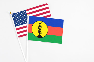 Naklejka premium New Caledonia and United States stick flags on white background. High quality fabric, miniature national flag. Peaceful global concept.White floor for copy space.