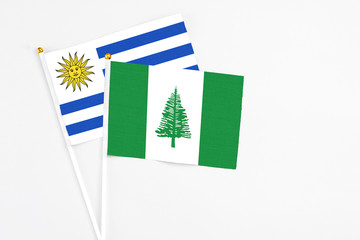 Norfolk Island and Uruguay stick flags on white background. High quality fabric, miniature national flag. Peaceful global concept.White floor for copy space.