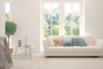 Stylish room in white color with sofa and summer landscape in window. Scandinavian interior design. 3D illustration