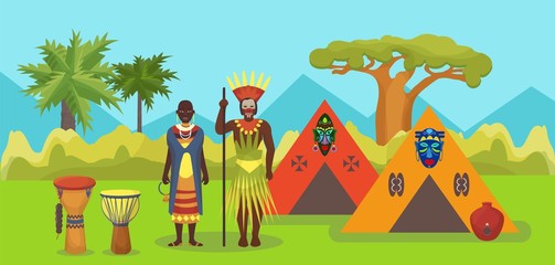 African aboriginal tribes, native black skinned couple people man and woman vector illustration. Portraits of African aborigines with home, masks and tomtom drums.