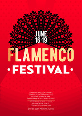 Vertical flamenco festival template with red background, black fan and text.  - obrazy, fototapety, plakaty