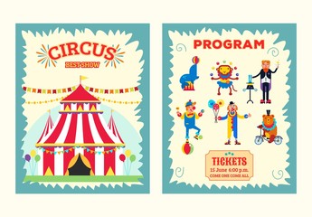 Big top circus entertainment show brochure, program, ticket vector illustration. Artists performers magician, clowns, wild animals monkey, bear and seal.
