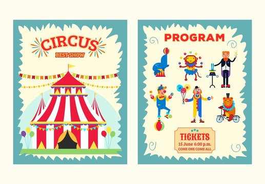 Big top circus entertainment show brochure, program, ticket vector illustration. Artists performers magician, clowns, wild animals monkey, bear and seal.