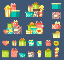Birthday gifts with ribbons flat vector illustrations set