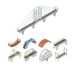 Wooden and concrete bridges isometric 3D vector illustrations set