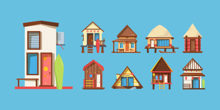 Wooden beach houses flat vector illustrations set