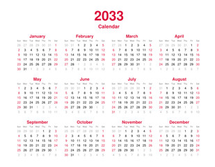 Calendar 2033 - 12 months yearly vector calendar in year 2033 - calendar template - planner calendar