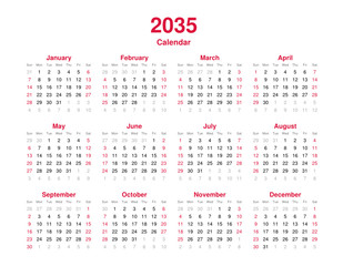 Calendar 2035 - 12 months yearly vector calendar in year 2035 - calendar template - planner calendar