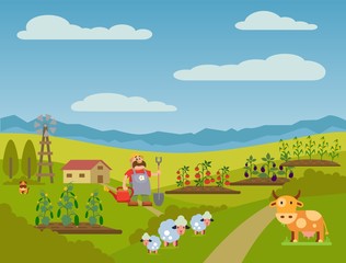 Farmer man with shovel and watering can cartoon flat style vector illustration. Animal cow, sheeps and garden beds with vegetables cucumbers, tomatoes, eggplants, corn.