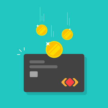 Money refund or cashback idea on credit card vector illustration, flat cartoon debit card with electronic cash income, concept of revenue on digital wallet or internet transaction isolated sign image