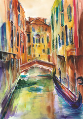 Obraz malowany recznie akwarelą przedstawiający kanał w Wenecji we Włoszech - obrazy, fototapety, plakaty