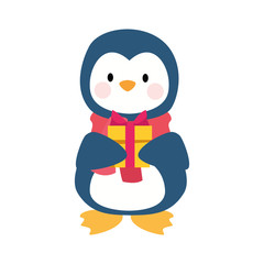 cartoon christmas penguin with gift box icon