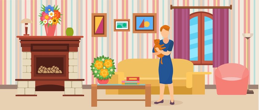 Room interior. Woman holding cat standing home in flat vector illustration. Modern decorated clean comfortable cozy living room with sofa, table, armchair, fireplace.