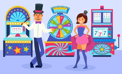 Smiling festively dressed magician man and assistant girl standing in front of slot machines vector illustration. Fortune wheel and different game machine.