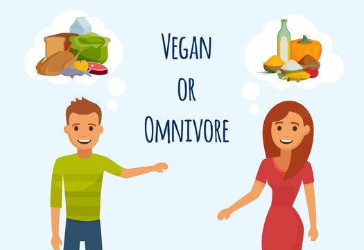 Date or meeting of two young people girl and man thinking about each other vector illustration. Vegetarian or meat eater is a question. Vegetarian nutrition concept.