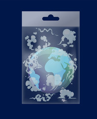 Earth globe with evaporation in polythene bag vector illustration flat style. Greenhouse effect, global warming catastrophe and no plastic campaign concept. World environment day.